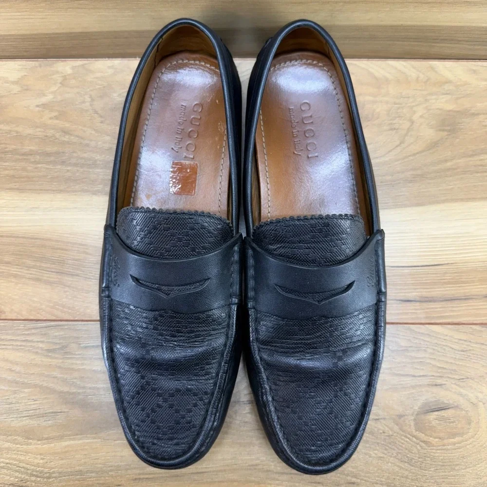GUCCI GG GUCCISSIMA Driver Penny Loafers Mens US 10 UK 9 G Black Leather Travel